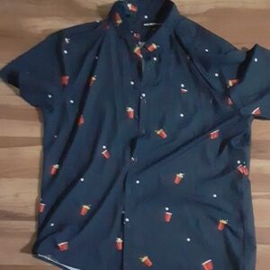 Forever 21 Men's Navy Shirt with Red Cup Pattern